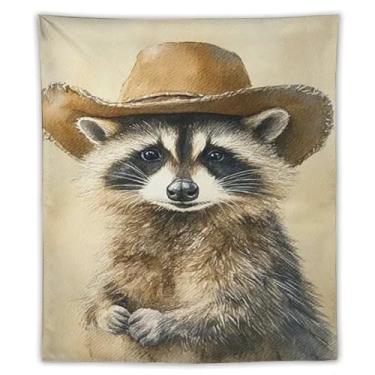 Imagem de Tapeçaria de parede com chapéu de cowboy guaxinim decoração de animais de fazenda fundo bege arte rústica fofa para sala de estar quarto aconchegante estilo country decoração de pendurar decoração