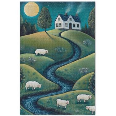 Imagem de Quebra-cabeça verde para adultos com pintura de ovelhas personalizadas, 500 peças, flor, animal, brinquedo divertido, adulto, divertido, bobo, 51 x 35 cm