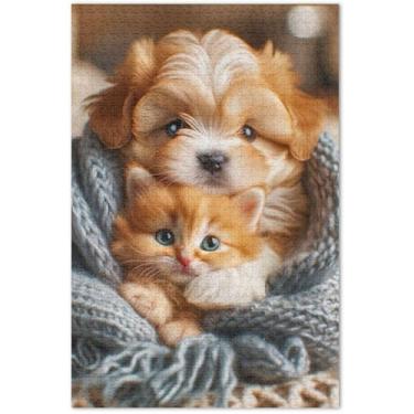 Imagem de Quebra-cabeça Terrier Cachorro Gatinho Gato 500 Peças Adulto Divertido Enigma Duro Bobo Pintura Animal, 20,5 x 14,9 polegadas