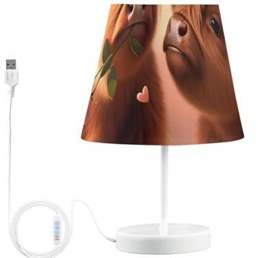 Imagem de TSENQUE Candeeiro de mesa de cabeceira de vaca Highland personalizado para mesa de cabeceira para mesa de cabeceira recarregável por USB, lâmpada quente, decoração de quarto de crianças