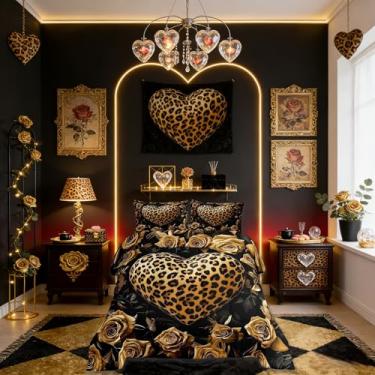 Imagem de Jogo de cama king de guepardo selvagem, floral, rosa, amarelo e leopardo, edredom com coração, flor anima, amarelo, preto, 2 fronhas