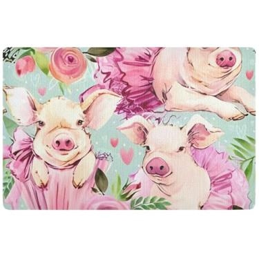 Imagem de TSENQUE Tapete de porta de outono floral rosa porco fofo personalizado tapete engraçado de boas-vindas de outono, capachos de entrada antiderrapantes tapetes internos 81 x 50 cm