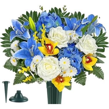 Imagem de MUVIC Flores artificiais de cemitério para decoração de túmulos ao ar livre, flor memorial - margarida rosa realista lírio Cymbidium - buquê de simpatia