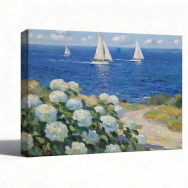 Imagem de Arte de parede costeira, pintura a óleo de veleiro do oceano azul sobre tela com hortênsias brancas, imagem de paisagem náutica para decoração de banheiro, quarto ou sala de estar, arte de casa de
