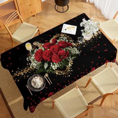 Imagem de CHAONENG Toalha de mesa retangular para Dia dos Namorados com rosas vermelhas, design de buquê de rosas, 137 x 189 cm, capa de mesa reutilizável para jantar em casa, decorações românticas para o dia