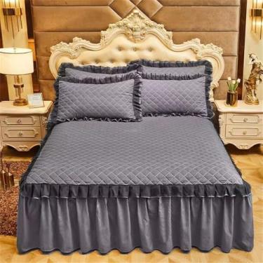 Imagem de Capa de colchão de casal com babados, saia acolchoada e elástico, para cama de solteiro e casal, cinza escuro, 200x220cm, 1 peça