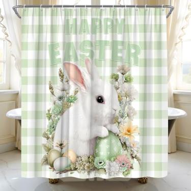 Imagem de YSATNSFT Cortina de chuveiro Happy Easter Cute Bunny Eggs Spring Floral Rabbit Sage Green Buffalo Xadrez Tecido Moderno Conjunto de Decoração de Banheiro com Ganchos (177,8 cm WX70 H)