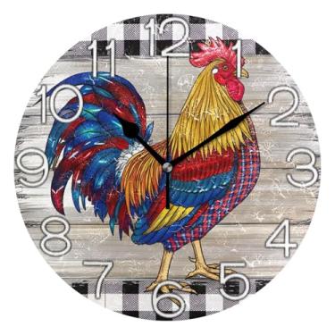 Imagem de GAIGEO Relógio de parede analógico decorativo estético silencioso sem tique-taque relógio de cozinha de escritório, decoração de parede de casa de fazenda moderna, galo colorido animal xadrez preto