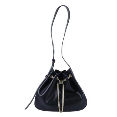 Imagem de ELLE Bolsa de ombro com corrente de couro legítimo, média, Preto