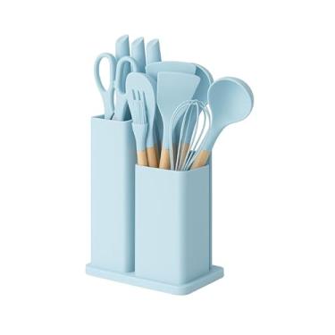 Imagem de Kit Utensílios de Cozinha Completo 19 Peças em Silicone com Cabo de Madeira, Facas, Tábua e Tesoura – Resistente ao Calor 230°C(Azul)