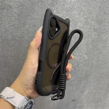 Imagem de Capa magnética de gato para iPhone 16 ProMax 12 13 14 15 Pro Max 16 Plus 11 com pulseira e cordão, capa transparente, preta, para iPhone 14 ProMax