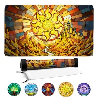 Imagem de FROGIGO Plains Stained Glass Playmat for MTG – 24"x14" Light and Castle Fantasy Game Mat with Prismatic Playmat Tube, Non-Slip Rubber, Golden Sun Art for Magic The Gathering