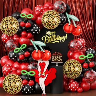 Imagem de JOGAMS 172 peças de decorações de festa Betty, estampa de chita vermelho preto decorações de festa com confetes bolinhas cereja chita impressão verde 260 balões para despedida de solteira, chá de bebê