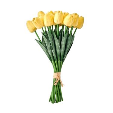 Imagem de Mikasa Flores artificiais de tulipas falsas, hastes de tulipas amarelas claras com vegetação, conjunto de 20 flores de seda de plástico realistas, buquê de tulipas falsas para vaso de decoração de