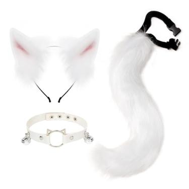 Imagem de hbbhml Furry Animal Cat Fox Tail Faux Fur Wolf Ear Headband Leather Neck Chocker Costume Set for Party Halloween Cosplay