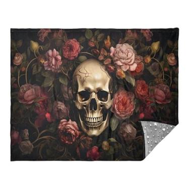Imagem de CEBUGI Cobertor de flanela quente macio 127 x 178 cm para sofá, cama, escritório, acampamento, viagem, crânio dourado e rosas para todas as estações