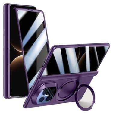 Imagem de POYUFRG Capa magnética para Huawei Mate X7, capa protetora de dobradiça de tela de vidro temperado anti-espião com suporte de anel giratório, capa fosca, roxa, Mate X7