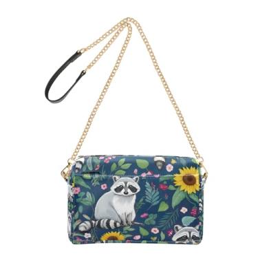Imagem de Joitme Bolsa feminina tiracolo bolsa para celular bolsa de ombro de couro PU com alça de corrente fofo guaxinim floral animal