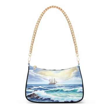 Imagem de Bolsa de ombro com corrente de mar azul aquarela, bolsa de mão Hobo artística para mulheres, bolsa de mão para o dia a dia com grande capacidade
