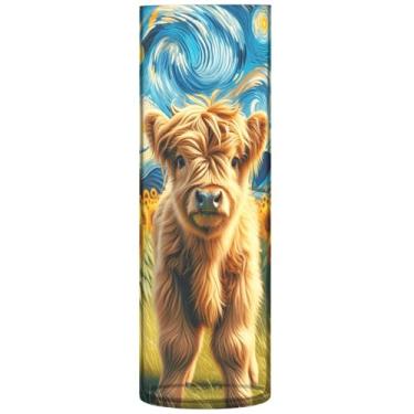 Imagem de Vaca Highland Girassol Noite Estrelada Cilindro Vasos de Flores para Centros de Mesa Vasos Altos para Flores Decoração Floral Personalizada Outono Estética, 30 cm x 9,9 cm