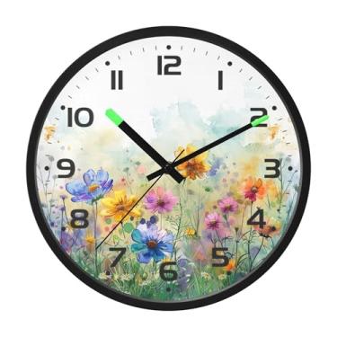 Imagem de SEHANY Herb Wildflower Relógio de parede silencioso sem tique-taque relógio redondo operado por bateria 30 cm controle de som luz noturna relógios de parede para sala de estar, cozinha, quarto