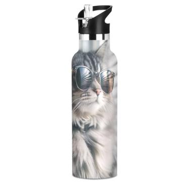 Imagem de Garrafa de água de aço inoxidável de 590 ml com tampa e alça de palha, garrafas de água esportivas à prova de vazamento para meninas, copos infantis isolados a vácuo de parede dupla, luz fofa para