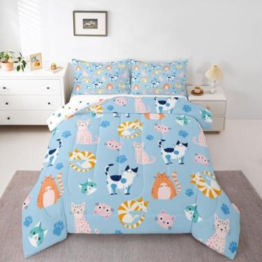 Imagem de Feelyou Conjunto de cama de gato fofo e colorido para decoração de quarto de crianças, adolescentes, meninas, conjunto de edredom de gato, azul kawaii, rosa, gatinho, felino, conjunto de cama de