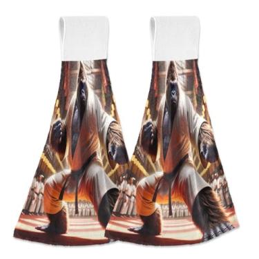 Imagem de Joitme Gorilla Karate Toalhas de Mão Engraçadas Penduradas Conjunto de 2, Toalhas de Amarração de Lã Coral Macia Absorvente Cozinha Banheiro Forno com Laço