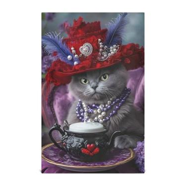 Imagem de Joisal Panos de prato Boho para cozinha decorativo gato gótico chapéu vermelho à luz de velas toalha de chá de mão fofa para secar pratos absorventes de banheiro 45 x 71 cm, pacote com 4