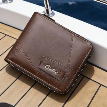 Imagem de Carteira masculina de couro curta com zíper, carteira durável com zíper cinza-escuro (marrom escuro)