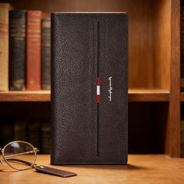 Imagem de Carteira masculina executiva marrom escuro com alça compacta em relevo em couro macio, design compacto marrom escuro com alça, couro macio com padrão em relevo