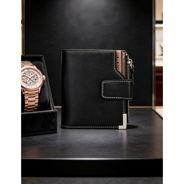 Imagem de Carteira masculina casual dobrável de couro, design de corte reto (preto)