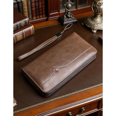 Imagem de Carteira masculina de design inovador, carteira longa de couro com zíper único com compartimentos multifuncionais, embreagem com bloqueio de RFID para cartões de visita e itens essenciais (Cáqui