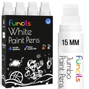 Imagem de Funcils 4 marcadores de tinta acrílica jumbo brancos – canetas de tinta acrílica gordas de 15 mm para tela, pintura rupestre, madeira, plástico, vidro – canetas permanentes grandes e grossas para