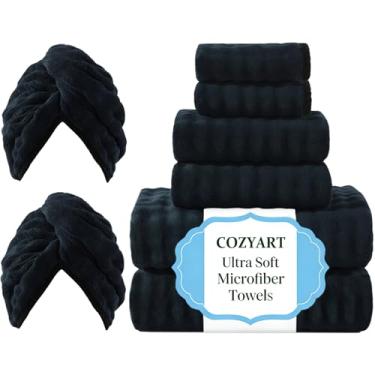 Imagem de COZYART Conjunto de toalhas sem fiapos, 8 peças, preto carvão, 500 g/m2, super macio, absorvente e de secagem rápida, conjunto de uso diário com bolhas 3D com 2 toalhas de banho, 2 toalhas de cabelo