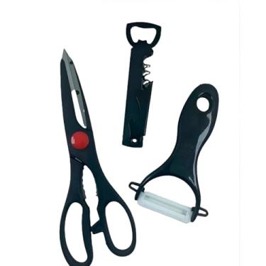 Imagem de Kit de Utensílios de Cozinha 3 Peças, Tesoura Descascador e Saca Rolhas, Aço Inox e ABS, Preto, 21cm