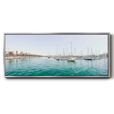 Imagem de Renditions Gallery Pinturas flutuantes para casa Misty Barcelona Marina View Impressões abstratas para decoração de sala de jantar - 30,5 cm x 76,2 cm moldura prata LT610