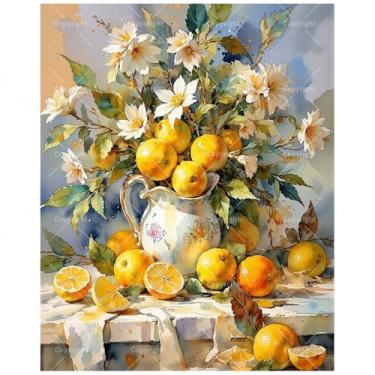 Imagem de Kit de pintura floral de limão por números para adultos - Pintura de arranjos de flores e citrinos DIY em tela, conjunto de tinta acrílica para iniciantes, arte para decoração de casa ou presentes