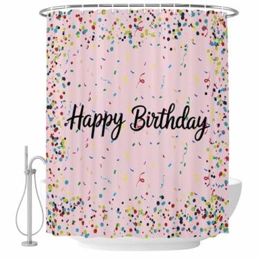 Imagem de Cortina de chuveiro Happy Birthday com fita de bolinhas celebração rosa claro conjunto de cortinas de banho de tecido impermeável para banheiro decoração de banheira acessórios de casa 182 x 182 cm
