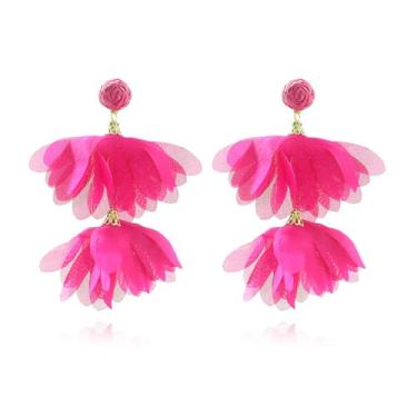 Imagem de XYAYOU Brincos pendentes de tecido de chiffon floral para mulheres, borla na moda, pétalas de flores, declaração, festa, casamento, boêmio, vintage, joia de praia, Medium, Acrílico, Sem pedra preciosa