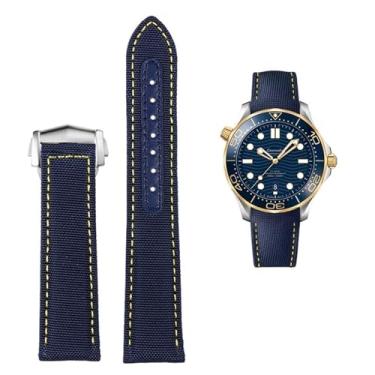 Imagem de BKUANE Pulseira de couro de nylon de alta densidade para Omega New Seamaster 300 Super Master AT150 Tecido Couro AQUA TERRA pulseira masculina 19mm 20mm (Cor: Azul amarelo prata B, Tamanho: 19mm)