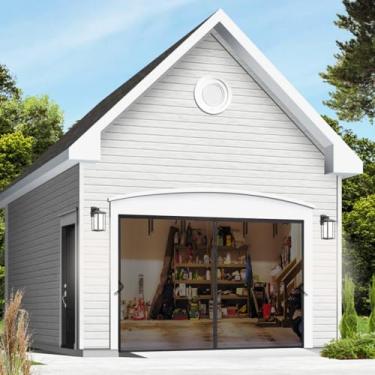 Imagem de SANJINFON Kit de tela magnética para porta de garagem de 1,8 m a 3,5 m (L) - Porta de tela de rede de malha retrátil com malha de fibra de vidro para 1 garagem de carro, bloqueia insetos e fornece