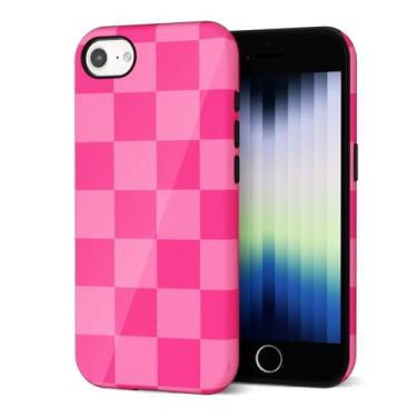 Imagem de Svanove Capa de telefone quadriculada para iPhone SE 3ª 2ª 7 8 malha xadrez, capa feminina bonita quadriculada para mulheres, design de estampa xadrez estética, capa de plástico fina e rígida rosa