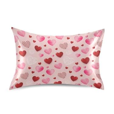 Imagem de Wassud Fronha de cetim com corações listrados vermelhos para cabelo e pele fronhas de seda lisa tamanho padrão capas de travesseiro respiráveis com fecho de envelope