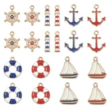 Imagem de Echoed Elegance Pingentes esmaltados de liga de ouro claro, 30 peças, 10 estilos, amuletos náuticos variados de formas/cores com caixa de armazenamento para fazer joias DIY, presente ideal para