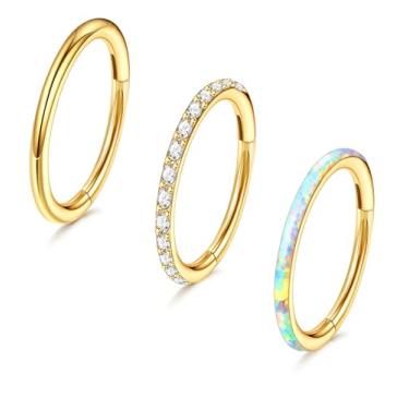 Imagem de 3 argolas de nariz - argolas articuladas de aço cirúrgico 316L 16G/18G/20G CZ clicker septo nariz anel lábio hélice cartilagem argola brinco daith torre concha piercing corporal joias para mulheres