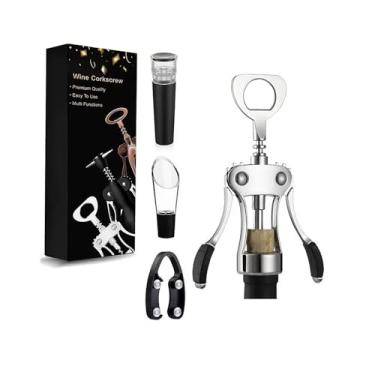 Imagem de Abridor de garrafa de vinho multifuncional saca-rolhas de asa de presente, cortador de folha, rolha a vácuo e despejador de arejador, perfeito para amantes de vinho, homem e mulher, cinza prateado