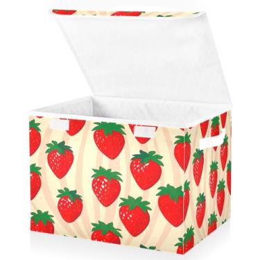 Imagem de Blueangle Cestos de armazenamento padrão morango com tampas, 42 x 32 x 30 cm, grande cesta organizadora dobrável para decoração de casa e escritório (56)
