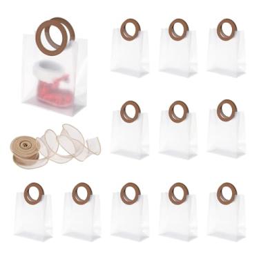 Imagem de PATIKIL Sacos de presente transparentes reutilizáveis com alça e fita, 12 peças de sacolas de plástico para doces e guloseimas para festa de celebração do festival de aniversário de casamento, marrom