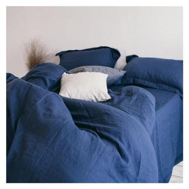 Imagem de Conjunto de cama 100% linho para quarto, capa de colcha macia e fronha para cama de casal, confortável para casa, capa de edredom sem lençol, conjunto de cama (azul king size 3 peças)